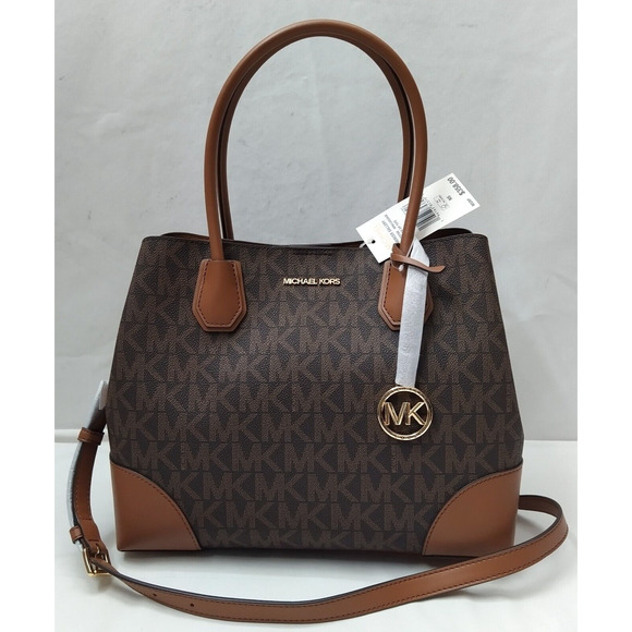Michael Kors Mercer Gallery Brown Leather MK Printed Satchel Tote Bag - NWT $358 - Picture 1 of 16